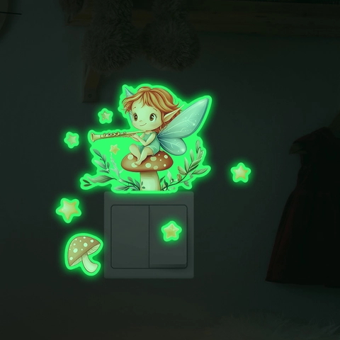 Glow In The Dark Wall Sticker Cartoon Elf Fairy Playing Flute Mushroom Stars Fluorescent Light Switch Sticker PVC Decal