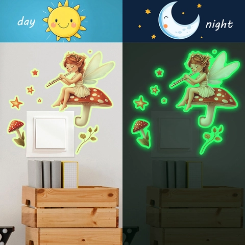 Adesivi Murali Fata Che Suona Il Flauto Fungo Luminosi Al Buio Stella Foglia Decorazione Interruttore Per Camera Dei Bambini