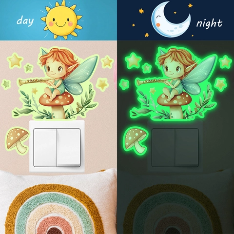 Glow In The Dark Wall Sticker Cartoon Elf Fairy Playing Flute Mushroom Stars Fluorescent Light Switch Sticker PVC Decal