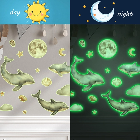 Adesivi Murali Luminosi al Buio Delfino Balena Luna Stelle Nuvole Decalcomanie Fluorescenti per Decorazione Camera Bambini