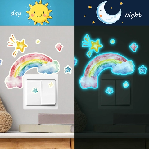 Adesivi Murali Arcobaleno Fluorescenti Acquerello Nuvola Stella Neon Adesivo Interruttore per Cameretta Bambini Camera da Letto