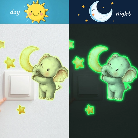 Leuchtende Cartoon Elefant Mond Sterne Wandtattoo PVC Fluoreszierende Schalter Dekorative Aufkleber Für Kinderzimmer Deko