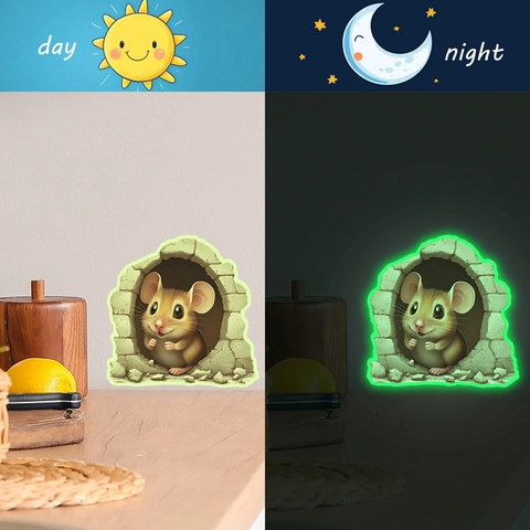 Adesivo da Parete 3D Lussuoso Buco del Topo Luminoso Topolino che Sbircia Adesivi in Vinile per Decorazione Camera Bambini