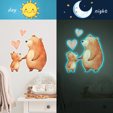Adesivi Murali Fluorescenti Cartone Animato Orso Bruno Cuore Autoadesivi Murales per Cameretta Bambini Decorazione Casa