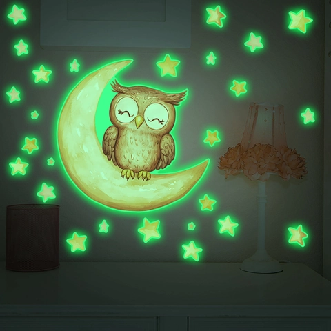 Adesivi Murali Luminosi Gufo Cartone Animato Su Luna e Stelle Fluorescenti al Buio in PVC per Decorazione Camera Bambini