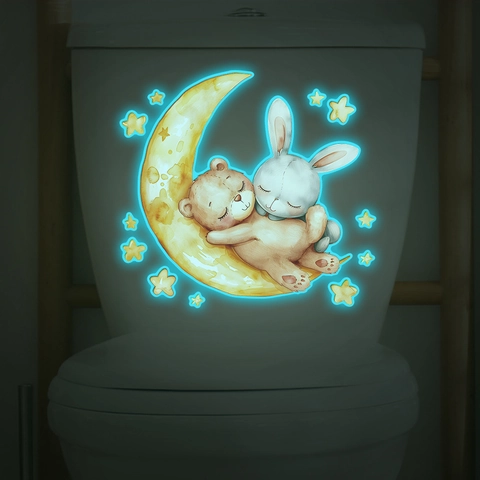 Cartoon Bär Hase Mond Stern Leuchtend Im Dunkeln Toilettenaufkleber Selbstklebend PVC Wandtattoo Für Badezimmer Dekoration