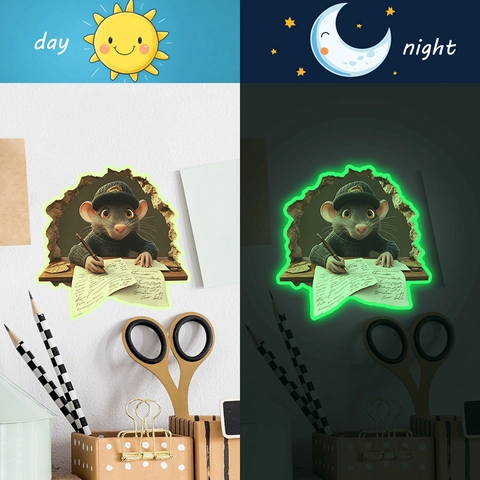 3D Leuchtende Maus Schreiben Wandtattoo Cartoon Tier PVC Fluoreszierend Leuchten Im Dunkeln Aufkleber Für Schlafzimmer Deko