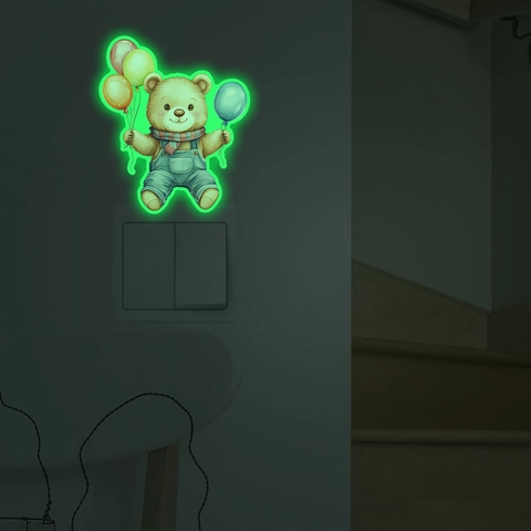 Leuchtender Cartoon Bär Ballon Schalter Aufkleber Glow In The Dark PVC Wandtattoo Für Kinderzimmer Haus Deko Nachtlicht