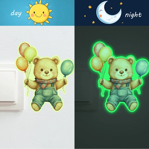 Leuchtender Cartoon Bär Ballon Schalter Aufkleber Glow In The Dark PVC Wandtattoo Für Kinderzimmer Haus Deko Nachtlicht