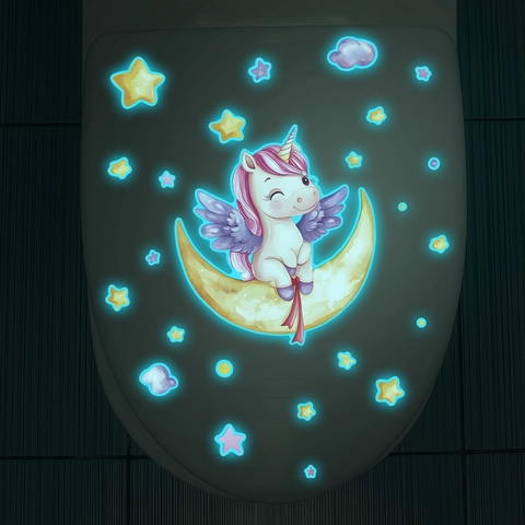 Adesivo da Parete Luminoso Unicorno Luna Stelle Fluorescente al Buio per Bagno Toilette Decorazione PVC Impermeabile Cartoon