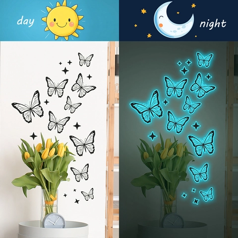 Adesivi Murali Farfalle e Stelle Luminose Decalcomanie in PVC Fluorescenti per Soggiorno Camera da Letto Decorazioni Casa