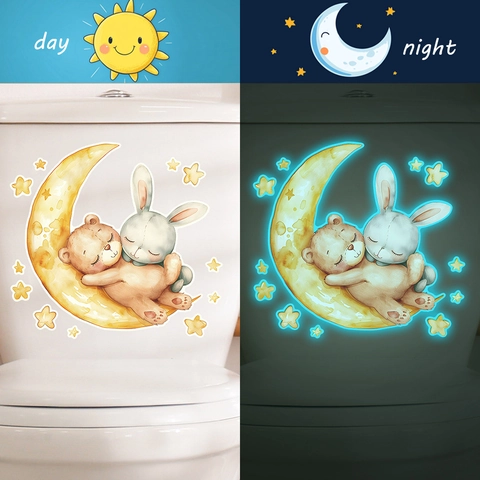 Cartoon Bär Hase Mond Stern Leuchtend Im Dunkeln Toilettenaufkleber Selbstklebend PVC Wandtattoo Für Badezimmer Dekoration