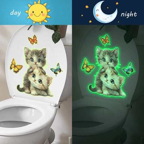 Simpatico Adesivo per Sedile del Water con Gatto e Farfalla Luminoso Brilla al Buio in PVC Impermeabile Autoadesivo per Bagno