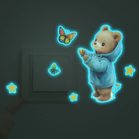 Pegatina de Interruptor de Oso Pardo y Mariposa Luminosa Calcomanía de Pared de PVC para Decoración de Habitación