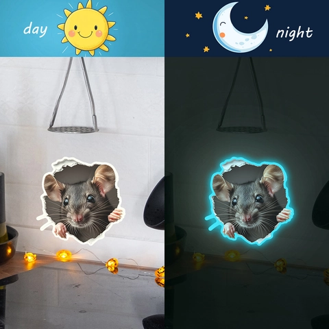 3D Mouse Hole Glow In The Dark Wall Sticker Realistic Animal Fluorescent PVC Decal For Kids Room Home Decor Aesthetic