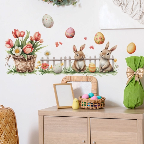 Adesivi Murali di Pasqua Acquerello Coniglio Uovo di Pasqua Tulipano Cesto di Fiori PVC Rimovibile DIY Decalcomania Decorativa per Camera da Letto