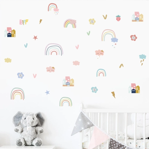 Cute Rainbow Cloud House Wall Decals For Kids Room Kindergarten Macaron Cartoon PVC Wall Decor DIY Removable Stickers