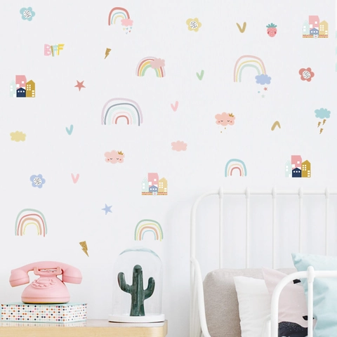 Cute Rainbow Cloud House Wall Decals For Kids Room Kindergarten Macaron Cartoon PVC Wall Decor DIY Removable Stickers