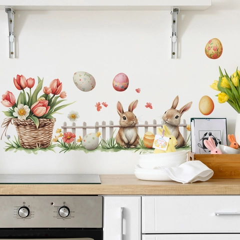 Adesivi Murali di Pasqua Acquerello Coniglio Uovo di Pasqua Tulipano Cesto di Fiori PVC Rimovibile DIY Decalcomania Decorativa per Camera da Letto