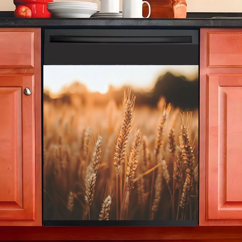 Autumn Wheat Field Landscape Dishwasher Decal Kitchen Wall Sticker Self-Adhesive PVC Sunset Scenery Appliance Panel Cover Decor
