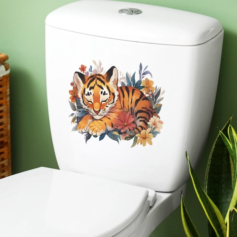 Sleeping Tiger Wall Sticker Waterproof PVC Cartoon Floral Decal For Bathroom Toilet Cover Home Decor For Kids Room Nursery
