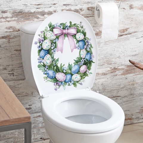 Easter Wreath Egg Toilet Lid Sticker Watercolor Botanical Flower Removable PVC Decal Bathroom Wall Mural Festive Home Decor