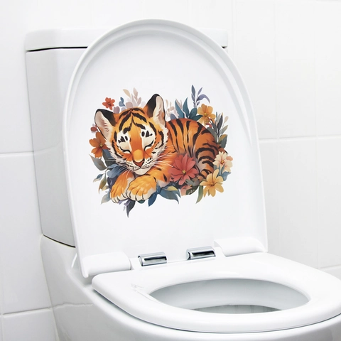 Sleeping Tiger Wall Sticker Waterproof PVC Cartoon Floral Decal For Bathroom Toilet Cover Home Decor For Kids Room Nursery