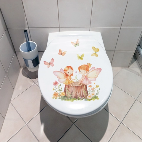 Simpatico Adesivo per WC in PVC con Fata delle Farfalle e Fiori Impermeabile Autoadesivo per Pareti del Bagno Casa