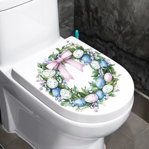 Easter Wreath Egg Toilet Lid Sticker Watercolor Botanical Flower Removable PVC Decal Bathroom Wall Mural Festive Home Decor