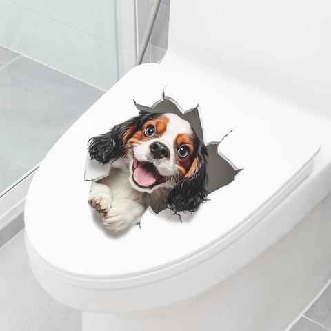 3D King Charles Spaniel Perro Pegatina de Pared Baño Inodoro Decoración Removible PVC Impermeable Casa Pegatina