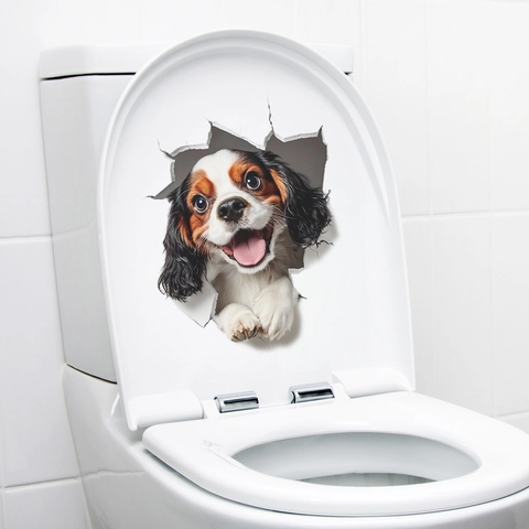 3D King Charles Spaniel Perro Pegatina de Pared Baño Inodoro Decoración Removible PVC Impermeable Casa Pegatina
