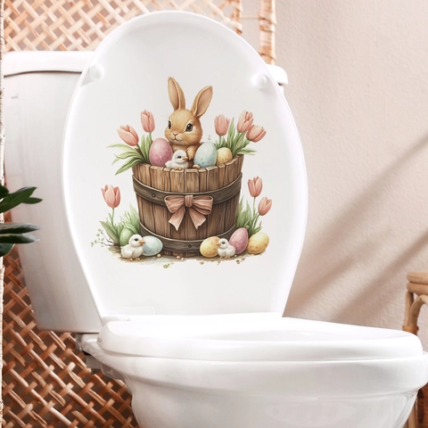 Easter Bunny Colored Eggs In Wooden Bucket Toilet Sticker Removable PVC Bathroom Wall Decal Self Adhesive Home Decor Mural