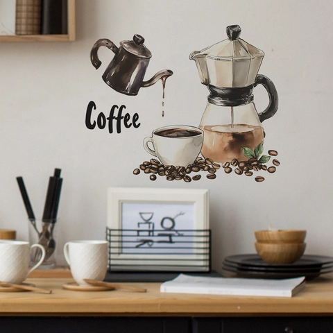 Watercolor Coffee Theme Wall Stickers PVC Self Adhesive Moka Pot Cup Bean Pattern Removable Decals For Kitchen Cafe Home Decor