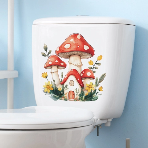 Cartoon Mushroom House Toilet Lid Sticker Removable PVC Bathroom Wall Sticker DIY Floral Decal For Home Decor