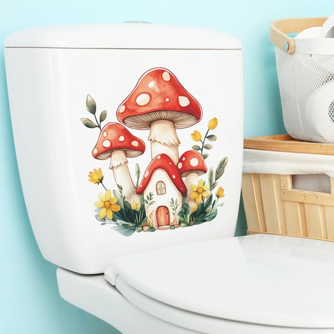 Cartoon Mushroom House Toilet Lid Sticker Removable PVC Bathroom Wall Sticker DIY Floral Decal For Home Decor