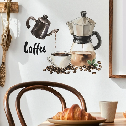 Watercolor Coffee Theme Wall Stickers PVC Self Adhesive Moka Pot Cup Bean Pattern Removable Decals For Kitchen Cafe Home Decor