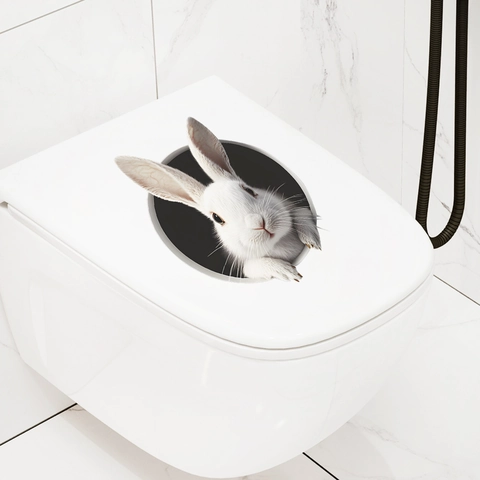 3D Realistico Coniglio Bianco Adesivo per Gabinetto Divertente Animale Buco Design PVC Removibile Autoadesivo Murale per Bagno Casa