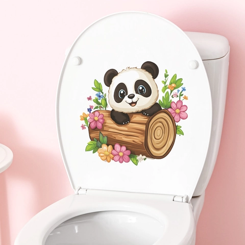 Simpatico Adesivo per Toilette Bagno Panda Cartone Animato Floreale Decalcomania da Muro in PVC Impermeabile per Decorazione Casa