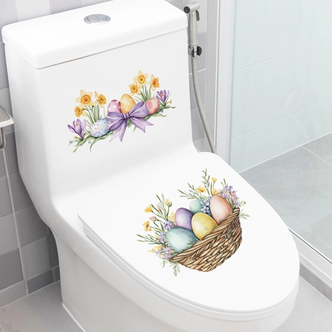 Easter Toilet Lid Water Tank Stickers Watercolor Easter Eggs Flower Basket Bow Bathroom Decoration Waterproof PVC Wall Sticker