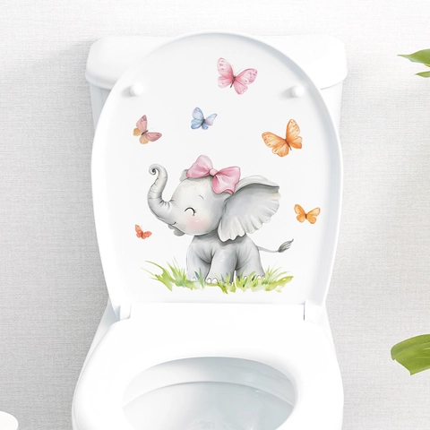 Cartoon Olifant En Vlinder Toiletsticker Waterdicht Zelfklevend PVC Aquarelstijl Badkamer Huis Muursticker