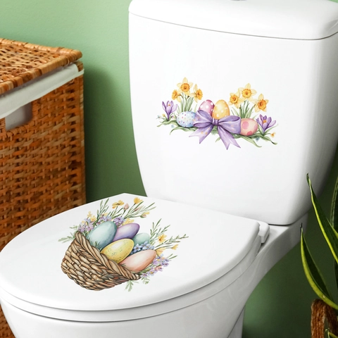 Easter Toilet Lid Water Tank Stickers Watercolor Easter Eggs Flower Basket Bow Bathroom Decoration Waterproof PVC Wall Sticker