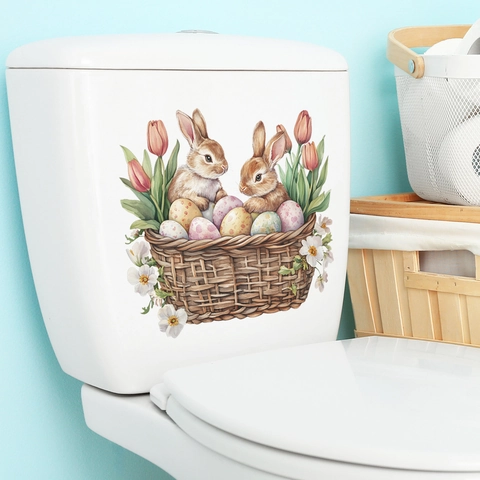 Ostern Hase Korb Eier Toilettenaufkleber Wasserdicht PVC Badezimmer Aufkleber Dekorativer Wandaufkleber Für Feiertag Home Dekor