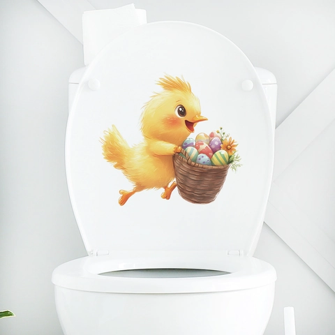 Ostern Toilettenaufkleber Gelbes Küken Mit Eierkorb Abnehmbar Wasserdicht PVC Wandtattoo Für Badezimmer Haus Deko Saisonale Party Ornament