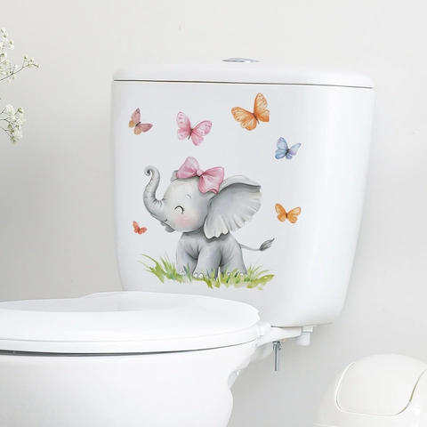 Cartoon Olifant En Vlinder Toiletsticker Waterdicht Zelfklevend PVC Aquarelstijl Badkamer Huis Muursticker