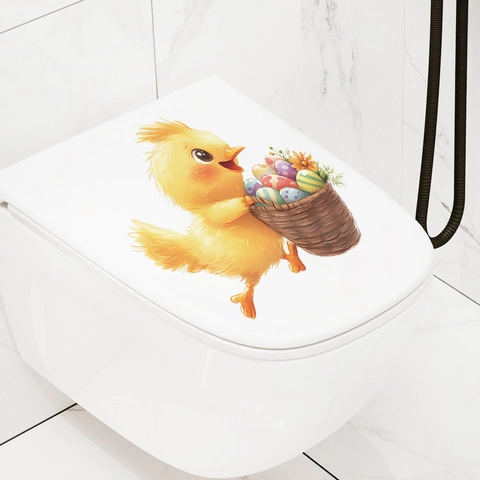 Ostern Toilettenaufkleber Gelbes Küken Mit Eierkorb Abnehmbar Wasserdicht PVC Wandtattoo Für Badezimmer Haus Deko Saisonale Party Ornament