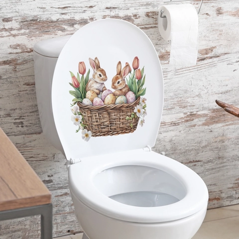 Ostern Hase Korb Eier Toilettenaufkleber Wasserdicht PVC Badezimmer Aufkleber Dekorativer Wandaufkleber Für Feiertag Home Dekor