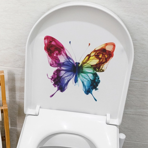 Colorful Smoke Butterfly Toilet Sticker Decorative Waterproof Removable PVC Art Decal For Bathroom Home Decor Wall Sticker