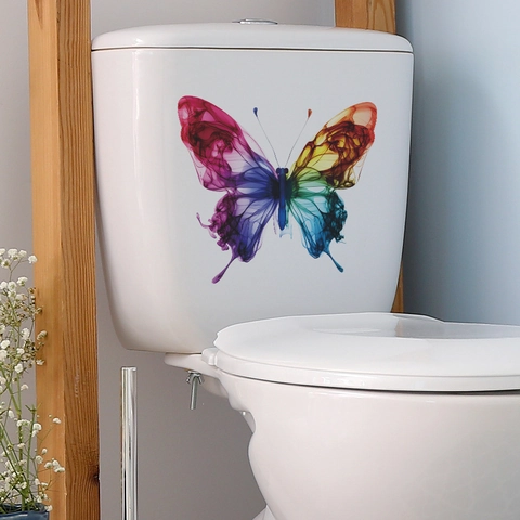 Colorful Smoke Butterfly Toilet Sticker Decorative Waterproof Removable PVC Art Decal For Bathroom Home Decor Wall Sticker