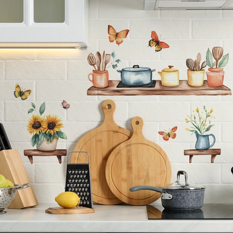 Adesivi Murali in PVC Con Girasoli e Utensili da Cucina Acquerello Decalcomanie Floreali Removibili per Cucina Camera da Letto Soggiorno Decorazione Parete