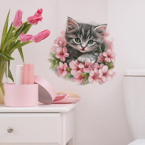 Lindo Gato Flor Rosa Pegatina de Inodoro PVC Impermeable Extraíble Vinilo de Pared Para Baño Decoración del Hogar Bricolage